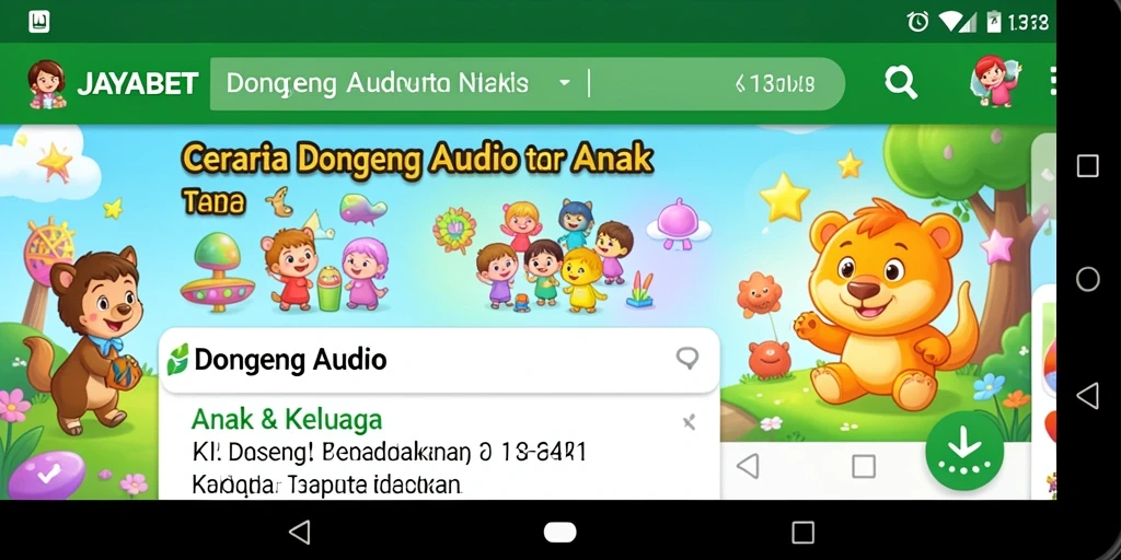 Tampilan antarmuka JAYABET yang ramah anak untuk dongeng audio.