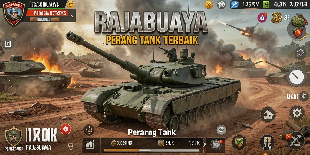 Tampilan antarmuka dinamis dalam game RAJABUAYA yang menampilkan pertempuran tank.